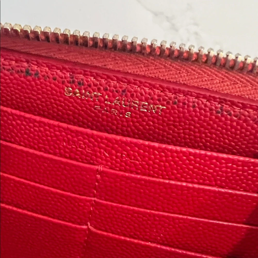 YSL SAINT LAURENT CASSANDRE MATELASSÉ LEATHER LONG ZIP AROUND WALLET RED - Picture 13 of 16